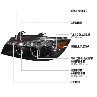 BMW 3 Series - 2006 to 2008 - 4 Door Sedan [All] (Projector With Halo, LED Accent Lights) (Matte Black) (Not Compatible With OEM HID Lights)