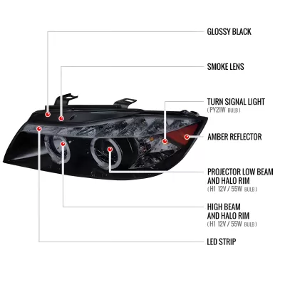BMW 3 Series - 2006 to 2008 - 4 Door Sedan [All] (Projector With Halo, LED Accent Lights) (Gloss Black) (Not Compatible With OEM HID Lights) (Smoked Lens)