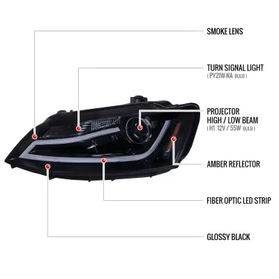 Volkswagen Jetta - 2011 to 2018 - Sedan [All] (Projector, With LED Accent Lights) (Not Compatible With OEM HID Lights) (Gloss Black) (Smoked Lens)