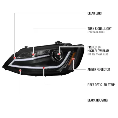 Volkswagen Jetta - 2011 to 2018 - Sedan [All] (Projector, With LED Accent Lights) (Not Compatible With OEM HID Lights) (Matte Black)
