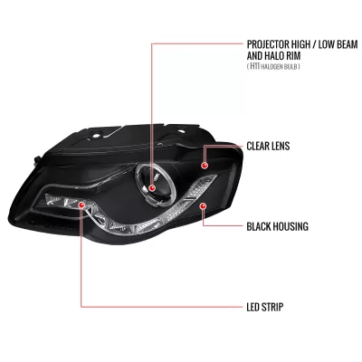 Volkswagen Passat - 2006 to 2010 - All [All] (Projector With Halo, LED Accent Lights) (Matte Black) (Not Compatible With OEM HID Lights)