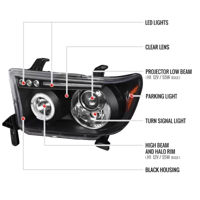 Toyota Sequoia - 2008 to 2017 - SUV [All] (Projector With Halo, LED Accent Lights) (Without Level Adjuster) (Matte Black)