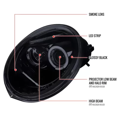 Volkswagen Beetle - 1998 to 2005 - All [All Except TurboS] (Projector With Halo, LED Accent Lights) (Not Compatible With OEM HID Lights) (Matte Black) (Smoked Lens)