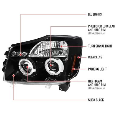 Nissan Titan - 2004 to 2015 - All [All] (Jet Black) (Projector With Halo, LED Accent Lights)