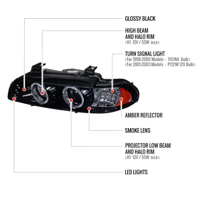 BMW 5 Series - 1997 to 2003 - All [All] (Projector With Halo, LED Accent Lights) (Gloss Black) (Not Compatible With OEM HID Lights) (Smoked Lens)