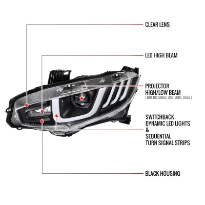 Honda Civic - 2016 to 2020 - 2 Door Coupe [All Except Touring] (Projector, LED U-Bar Sequential Accent Lights) (LED High Beams)