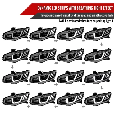 Honda Civic - 2016 to 2020 - 2 Door Coupe [All Except Touring] (Projector, LED U-Bar Sequential Accent Lights) (Smoked Lens) (LED High Beams)