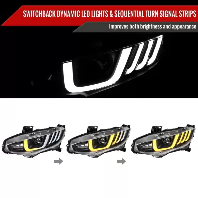Honda Civic - 2016 to 2021 - 4 Door Sedan [All Except Touring] (Projector, LED U-Bar Sequential Accent Lights) (Smoked Lens) (LED High Beams)