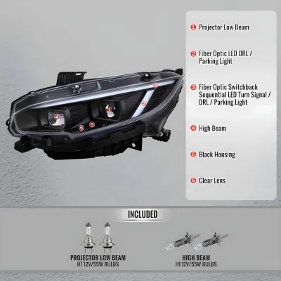 Honda Civic - 2016 to 2020 - 2 Door Coupe [All Except Touring] (Projector, Fiber Optic LED Sequential Accent Lights) (Gloss Black)