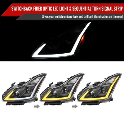 Infiniti G37 - 2008 to 2013 - 2 Door Coupe [All] (Projector, Fiber Optic LED Sequential Accent Lights) (Only Compatible with OEM HID Lights) (Includes Built-In Projector Fog Lights) (For Models Without AFS) (Matte Black)