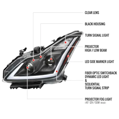 Infiniti G37 - 2008 to 2013 - 2 Door Coupe [All] (Projector, Fiber Optic LED Sequential Accent Lights) (Only Compatible with OEM HID Lights) (Includes Built-In Projector Fog Lights) (For Models Without AFS) (Matte Black)
