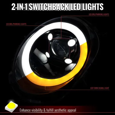Mini Cooper Hardtop - 2017 to 2024 - All [All] (Projector, LED Accent Lights) (Sequential LED Turn Signal) (Not Compatible With OEM LED Lights) (Gloss Black) (Smoked Lens)