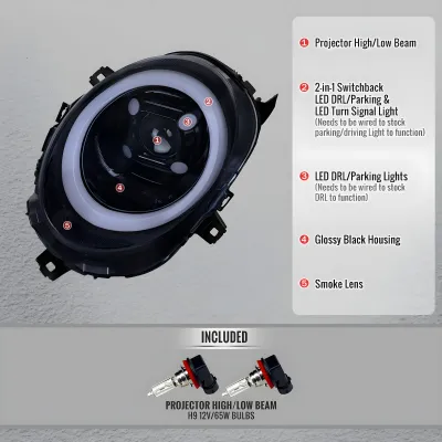 Mini Cooper Clubman - 2017 to 2024 - Hatchback [All] (Projector, LED Accent Lights) (Sequential LED Turn Signal) (Not Compatible With OEM LED Lights) (Gloss Black) (Smoked Lens)