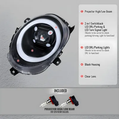 Mini Cooper Clubman - 2017 to 2024 - Hatchback [All] (Projector, LED Accent Lights) (Sequential LED Turn Signal) (Not Compatible With OEM LED Lights) (Matte Black)