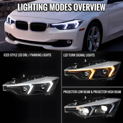 BMW 3 Series - 2012 to 2015 - 4 Door Sedan [328i 2.0L Turbo, 328i xDrive 2.0L Turbo] (Projector, LED Accent Lights) (Sequential LED Turn Signal) (Not Compatible With OEM HID Lights) (Gloss Black)