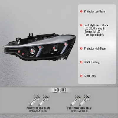 BMW 3 Series - 2012 to 2015 - 4 Door Sedan [328i 2.0L Turbo, 328i xDrive 2.0L Turbo] (Projector, LED Accent Lights) (Sequential LED Turn Signal) (Not Compatible With OEM HID Lights) (Gloss Black)