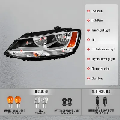 Volkswagen Jetta - 2014 to 2018 - Sedan [All] (Factory OEM Style) (Not Compatible With OEM HID Lights) (Matte Black Housing, Chrome Reflector) (Chrome Trim)