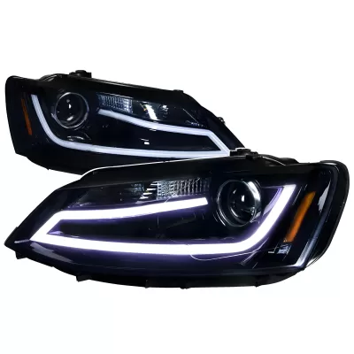 Volkswagen Jetta - 2011 to 2018 - Sedan [All] (Projector, With LED Accent Lights) (Not Compatible With OEM HID Lights) (Gloss Black) (Smoked Lens)