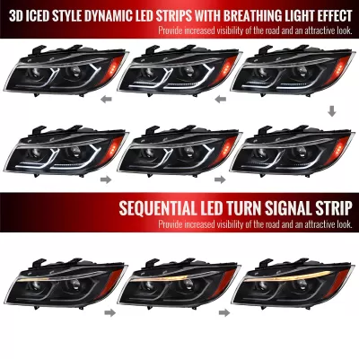 BMW 3 Series - 2006 to 2011 - 4 Door Sedan [All] _or_ 4 Door Wagon [All] (Projector, LED Accent Lights) (Matte Black) (Not Compatible With OEM HID Lights) (Sequential LED Lights)