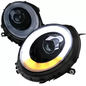 Mini Cooper - 2007 to 2013 - All [All] (Projector, Halo Fiber Optic LED Accent Lights With Turn Signal) (Matte Black) (Not Compatible With OEM HID Lights) (Smoked)