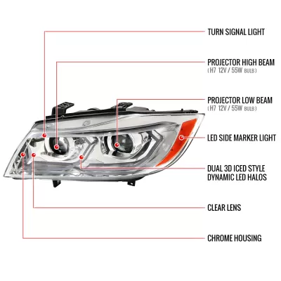 BMW 3 Series - 2006 to 2011 - 4 Door Sedan [All] _or_ 4 Door Wagon [All] (Projector, LED Accent Lights) (Not Compatible With OEM HID Lights) (Sequential LED Lights)