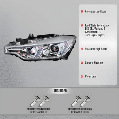 BMW 3 Series - 2012 to 2015 - 4 Door Sedan [328i 2.0L Turbo, 328i xDrive 2.0L Turbo] (Projector, LED Accent Lights) (Sequential LED Turn Signal) (Not Compatible With OEM HID Lights)
