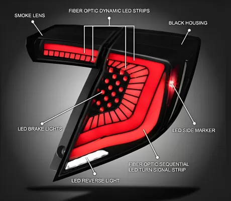 Honda Civic - 2017 to 2021 - 4 Door Hatchback [All] (SQ2 Style) (Matte Black With Red LED Bars) (Smoked Lens) (Sequential LED Lights)