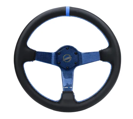 Universal (Rigid) (Blue Carbon Fiber Spokes) (Black Leather Rim With Blue Stitching) (Blue Center Mark) (350mm Diameter) (3