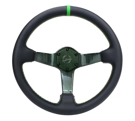 Universal (Rigid) (Green Carbon Fiber Spokes) (Black Leather Rim wWth Green Stitching) (Green Center Mark) (350mm Diameter) (3
