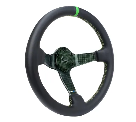 Universal (Rigid) (Green Carbon Fiber Spokes) (Black Leather Rim wWth Green Stitching) (Green Center Mark) (350mm Diameter) (3