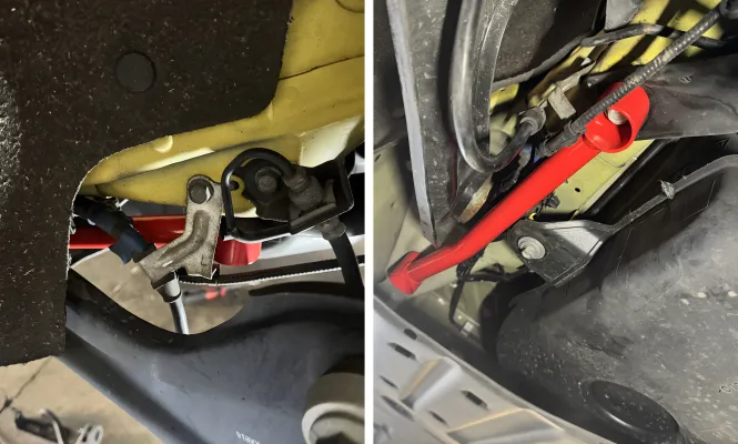 Honda Civic - 2017 to 2021 - 4 Door Hatchback [FK8 Type R, FK8 Type R Limited] (Rear Subframe Links) : Shows bent parking brake harness bracket to allow clearance for subframe link install.