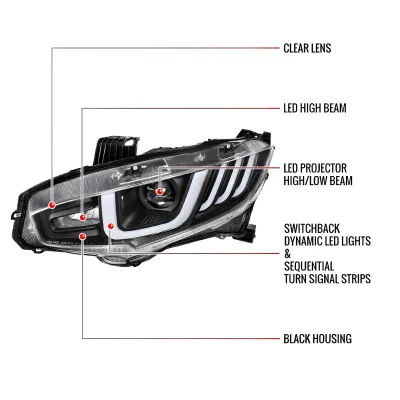 Honda Civic - 2017 to 2021 - 4 Door Hatchback [EX, EXL, LX, Sport] with 1.5L & Turbo (LED Projector, LED U-Bar Sequential Accent Lights) (LED High Beams)