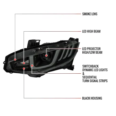 Honda Civic - 2016 to 2021 - 4 Door Sedan [All Except Touring] (LED Projector, LED U-Bar Sequential Accent Lights) (Smoked Lens) (LED High Beams)
