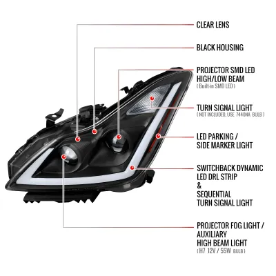 Infiniti G37 - 2008 to 2013 - 2 Door Coupe [All] (LED Projector, Fiber Optic LED Sequential Accent Lights) (Matte Black) (Clear Lens) (LED High Beams) (Includes Built-In Projector Fog Lights) (For Models Without AFS)