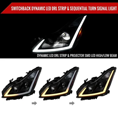 Infiniti G37 - 2008 to 2013 - 2 Door Coupe [All] (LED Projector, Fiber Optic LED Sequential Accent Lights) (Matte Black) (Clear Lens) (LED High Beams) (Includes Built-In Projector Fog Lights) (For Models Without AFS)