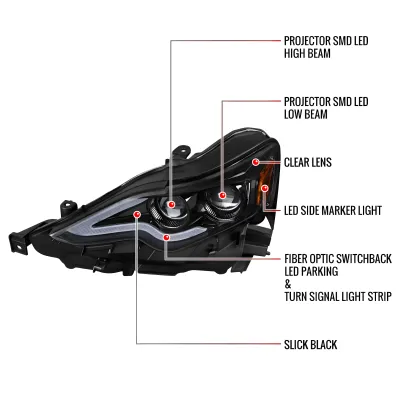 Lexus IS 250 - 2014 to 2015 - Sedan [All] (LED Projector, Fiber Optic LED Switchback Accent Lights) (Jet Black) (Clear Lens) (LED High Beams) (Not Compatible With Models Using Factory Single Projector Headlights)