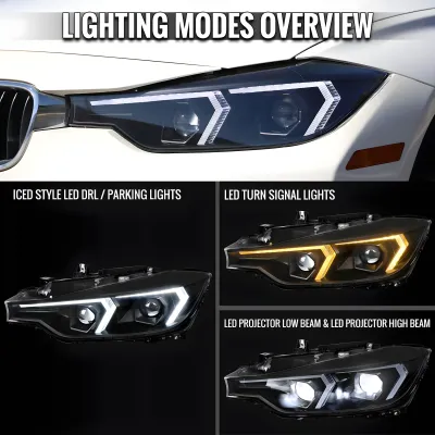 BMW 3 Series - 2012 to 2015 - 4 Door Sedan [328i 2.0L Turbo, 328i xDrive 2.0L Turbo] (LED Projector, LED Switchback Accent Lights) (Gloss Black) (LED High Beams) (Without Factory HID)