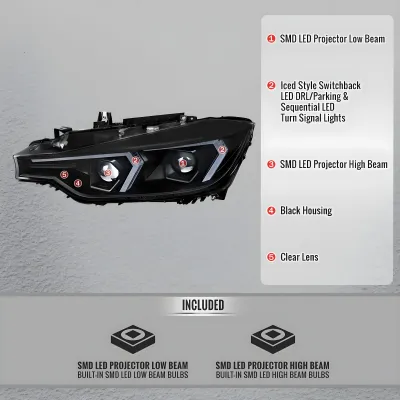 BMW 3 Series - 2012 to 2015 - 4 Door Sedan [328i 2.0L Turbo, 328i xDrive 2.0L Turbo] (LED Projector, LED Switchback Accent Lights) (Gloss Black) (LED High Beams) (Without Factory HID)