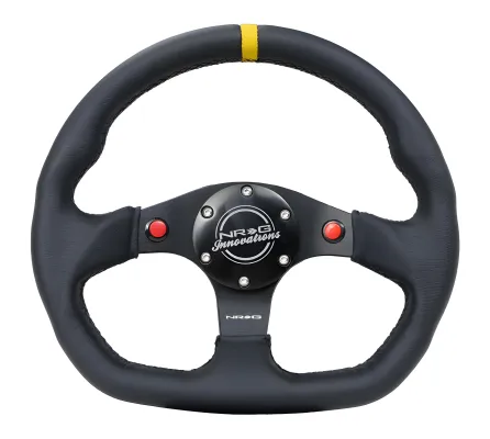 Universal (Rigid) (Black Spokes, Black Leather Grip With Yellow Center Mark) (Black Stitching) (Dual Push-Button) (320mm Diameter)