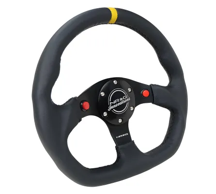 Universal (Rigid) (Black Spokes, Black Leather Grip With Yellow Center Mark) (Black Stitching) (Dual Push-Button) (320mm Diameter)