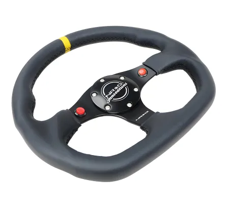 Universal (Rigid) (Black Spokes, Black Leather Grip With Yellow Center Mark) (Black Stitching) (Dual Push-Button) (320mm Diameter)