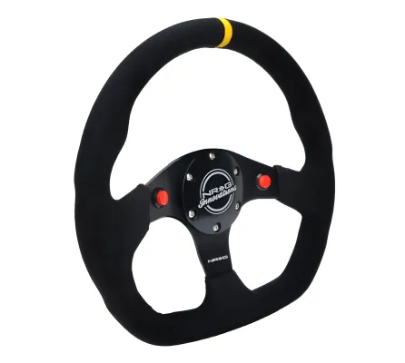 Universal (Rigid) (Black Spokes, Black Alcantara Grip With Yellow Center Mark) (Black Stitching) (Dual Push-Button) (320mm Diameter)
