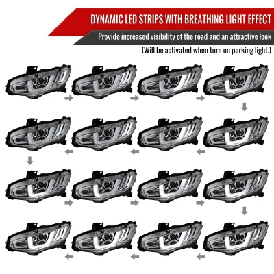Honda Civic - 2016 to 2021 - 4 Door Sedan [All Except Touring] (LED Projector, LED U-Bar Sequential Accent Lights) (LED High Beams)