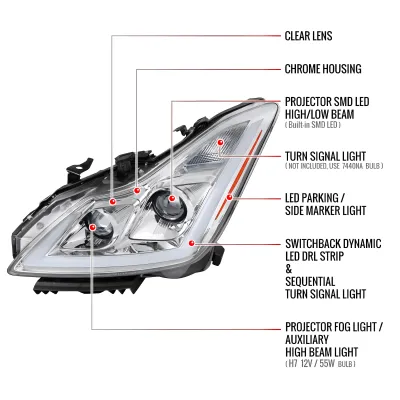 Infiniti G37 - 2008 to 2013 - 2 Door Coupe [All] (LED Projector, Fiber Optic LED Sequential Accent Lights) (LED High Beams) (Includes Built-In Projector Fog Lights) (For Models Without AFS)