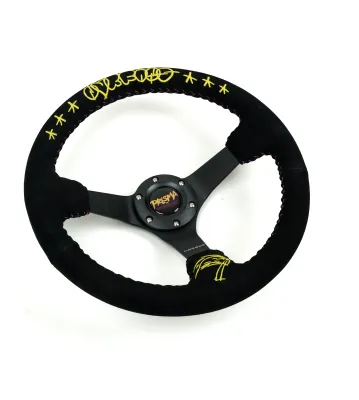Universal (NVRFANS Edition) (Black Suede Rim With Black Anodized Spokes) (Custom Yellow Embroidery and Purple Stitching) (Custom Horn Button) (350mm Diameter) (3