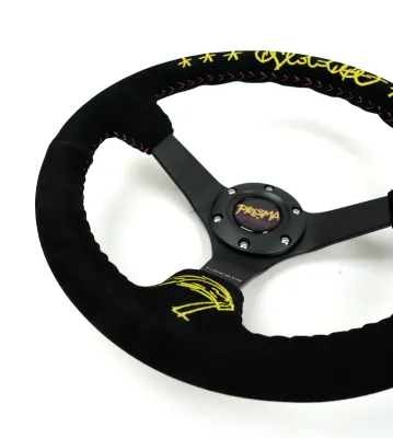Universal (NVRFANS Edition) (Black Suede Rim With Black Anodized Spokes) (Custom Yellow Embroidery and Purple Stitching) (Custom Horn Button) (350mm Diameter) (3