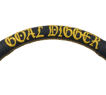 Universal (Goal Digger Edition) (Black Perforated Leather Rim With Black Anodized Spokes) (Custom Gold Embroidery) (350mm Diameter) (1.5