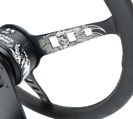 Universal (FUGUZ EP2 Edition) (Black Leather Rim With Black Anodized Spokes) (Custom Laser Etched Spokes) (Black Alcantara Center Marker) (Laser Etched Horn-Delete) (380mm Diameter) (1.5