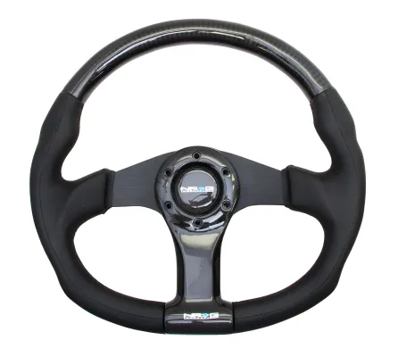 Universal (Oval Bottom) (Gloss Carbon Fiber Rim, Black Anodized and Carbon Fiber Spokes) (Leather Grip Accents) (350mm Diameter)