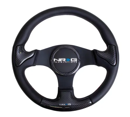 Universal (Leather Rim With Carbon Fiber Grip Accents, Black Anodized Spokes) (Rubber Horn Button) (350mm Diameter) (1
